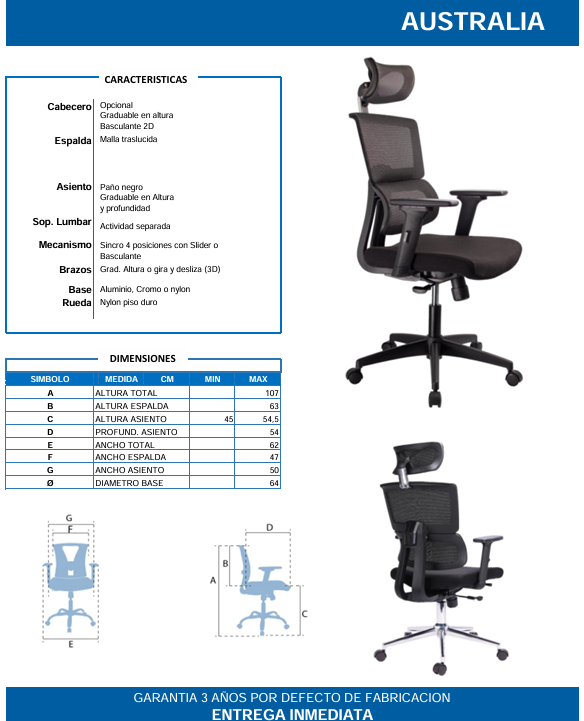 Silla Gerencial Australia – Ergonómica con Cabecero y Mecanismo Syncro