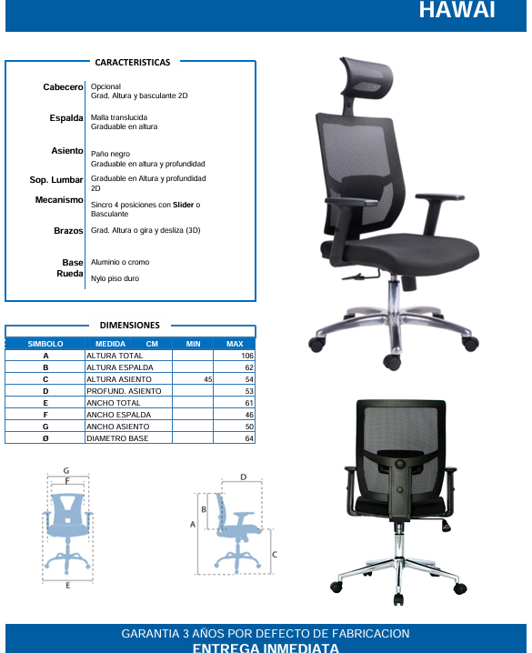Silla Gerencial Hawai – Ergonómica con Cabecero y Malla Transpirable