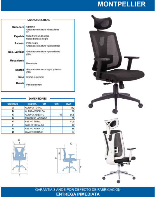 Silla Ergonómica Montpellier con Cabecero – Confort Premium para tu Oficina